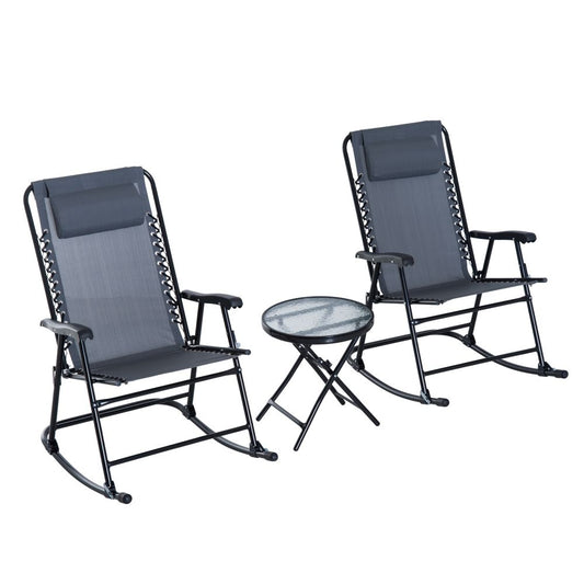 3 Piece Rocking Bistro Set, 2 Folding Chairs & 1 Tempered Glass Table, Grey