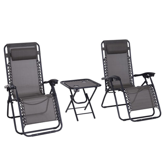 3PC Zero Gravity Chairs Sun Lounger Table Set Cup Holders Dark Grey Outsunny